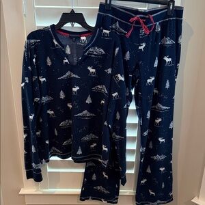 PJ Salvage Blue Brushed Thermal Pajama Set with White Moose Design Sz XL